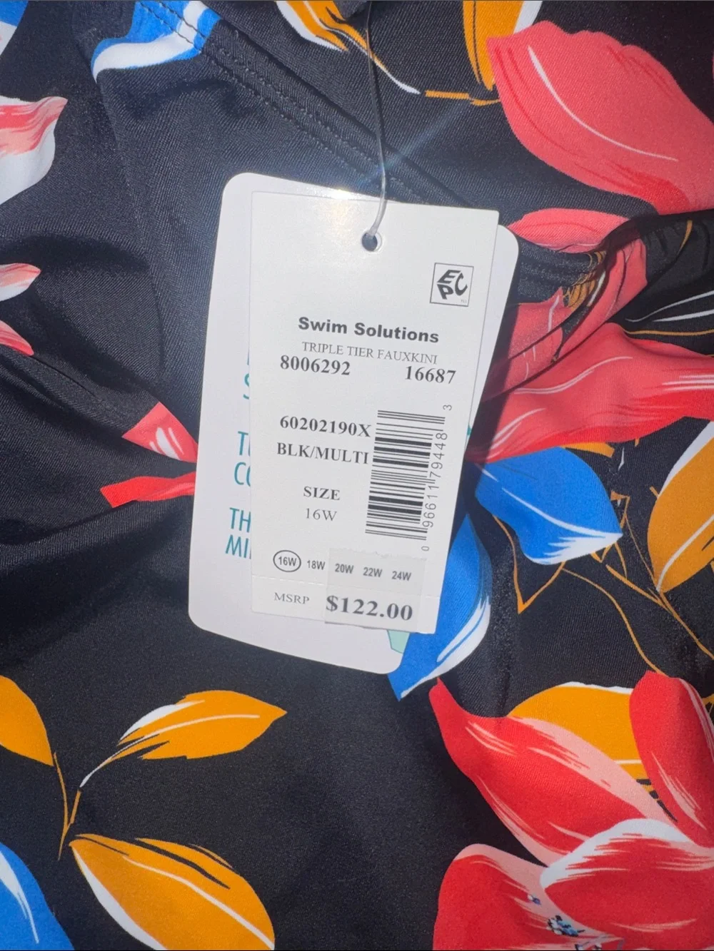 Swim Solutions Plus Size Tiered Black Floral-Print One Piece 16W NEW - Picture 5 of 5